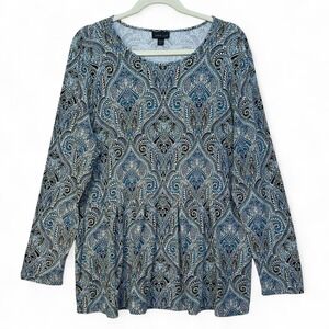 J Jill Wearever Blue Paisley Long Sleeve Tunic Top XL Petite Rayon Lycra Spandex
